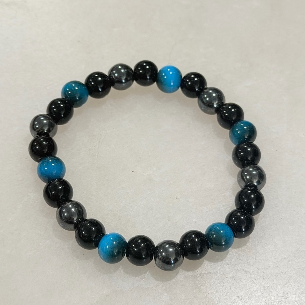 Beaded Stretch Bracelet - Blue & Black Glass with Hematite 8mm